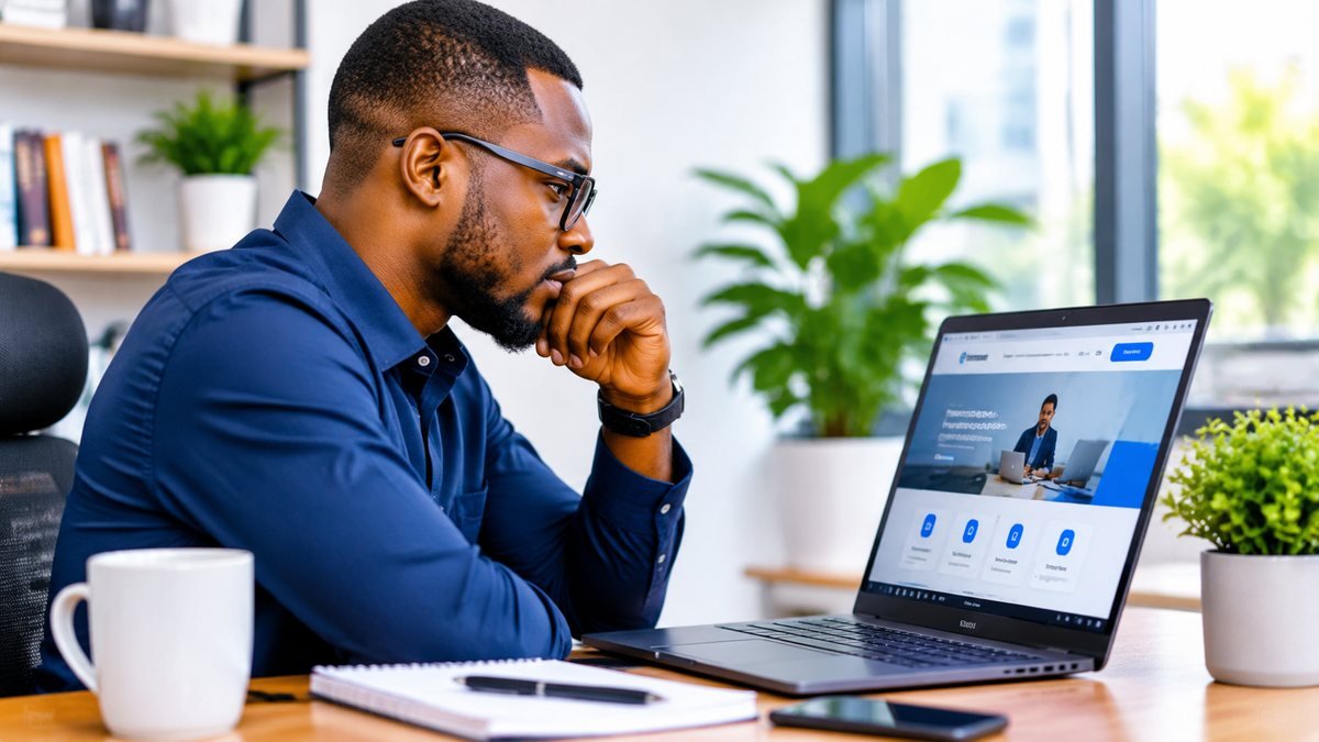 A business owner reviewing a website on a laptop at a desk