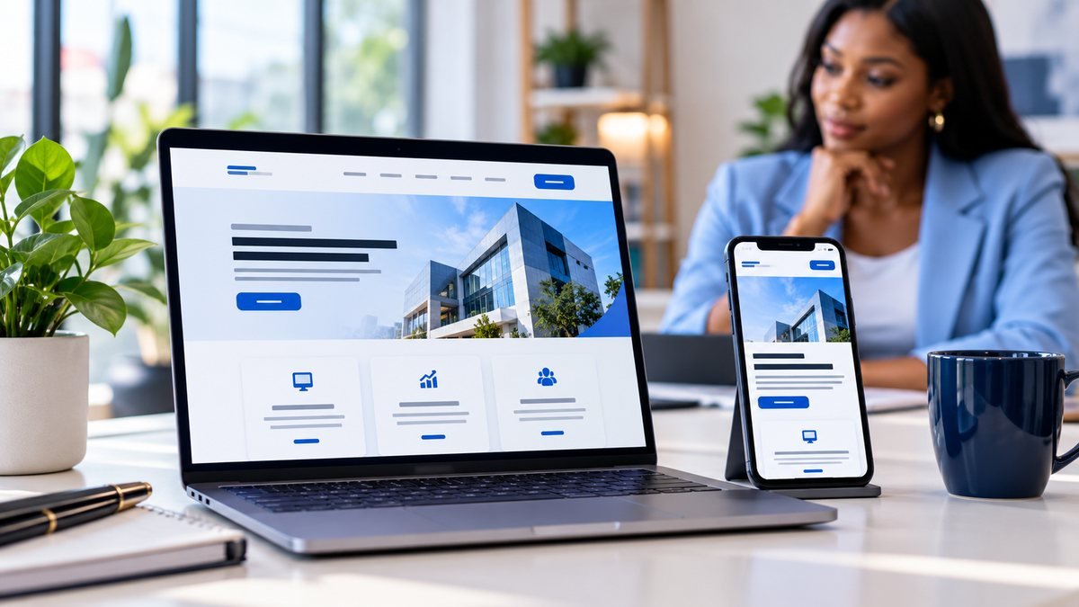 The same business website shown on a laptop and a phone