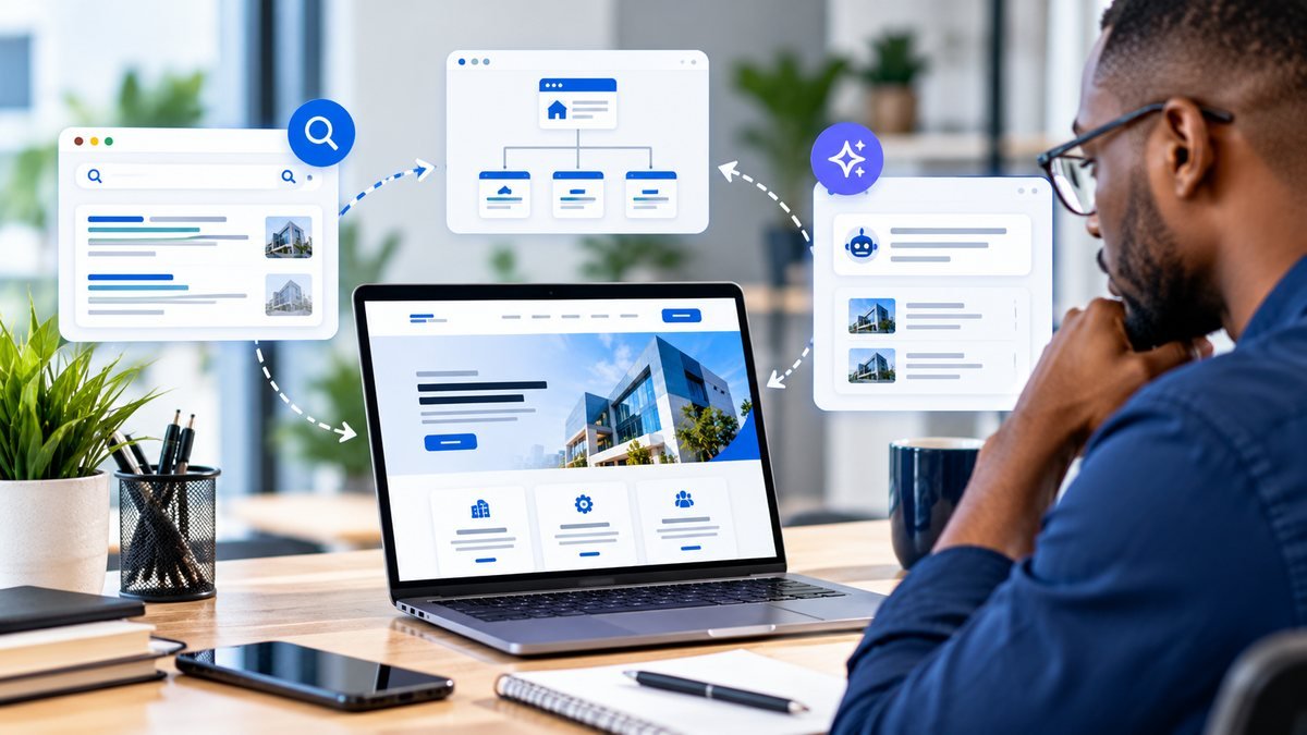 A laptop showing website pages, search results and connected page structure